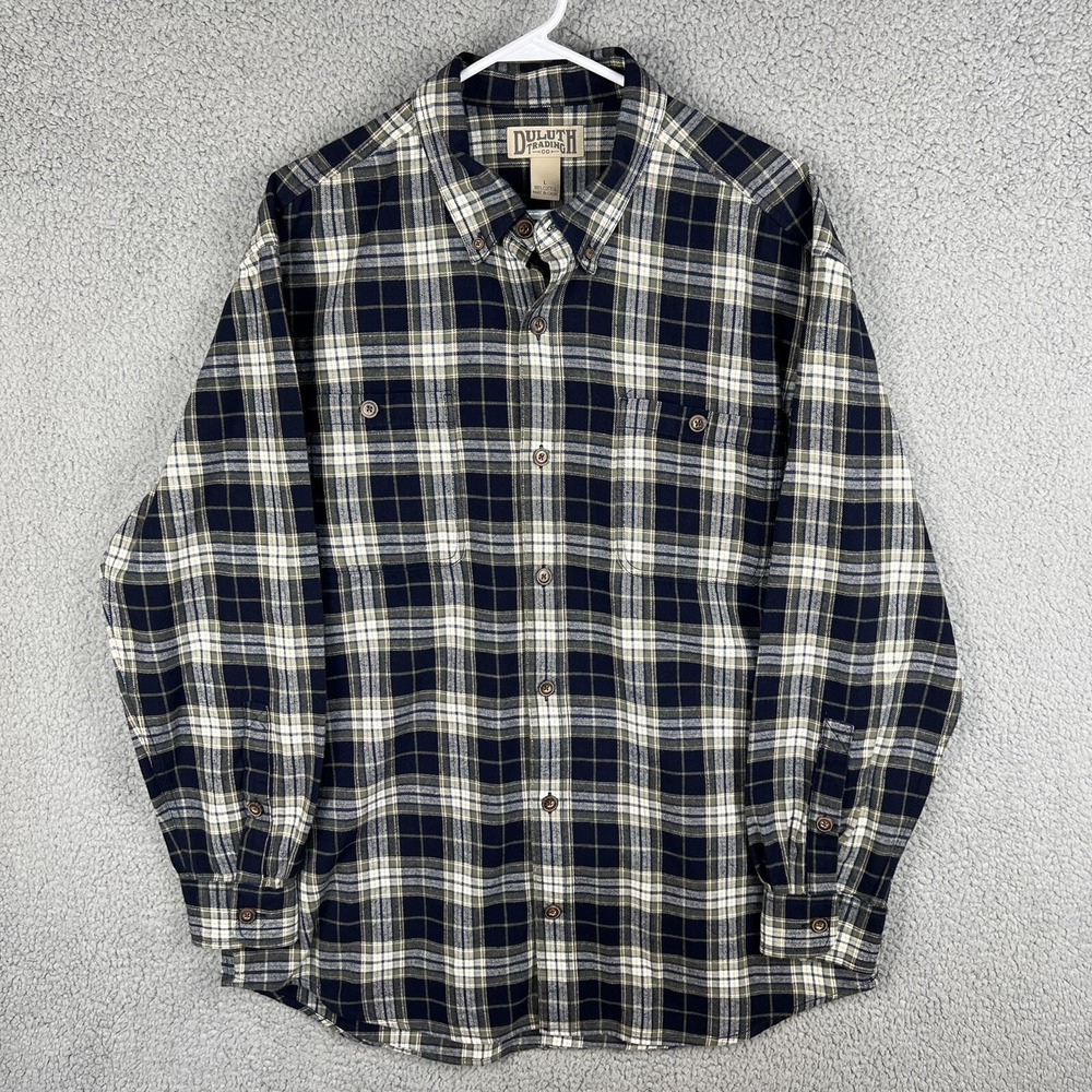 Duluth Trading Co Mens L Navy Blue Olive Plaid Free Swingin' Flannel Shirt 52007